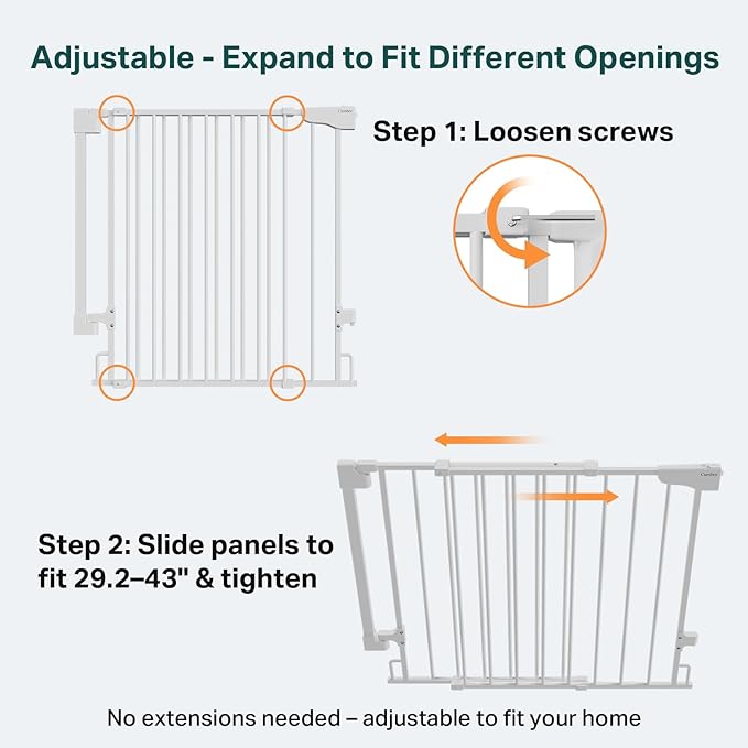 Cumbor 34" Extra Tall No Bottom Bar Baby Gate for Stairs, Wall Mounted Dog Gate Indoor for Larger Pets, Expandable 29.2-43" Safety Gate for Doorways, Wide Walk Thru Door for Easy Access (White)