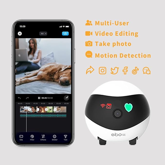 Enabot EBO SE FamilyBot Home Camera Robot: 1080P Movable Pet Camera Indoor, Battery-Operated, Auto-Recharge, Night Vision, 2-Way Talk, Local Storage, APP Control