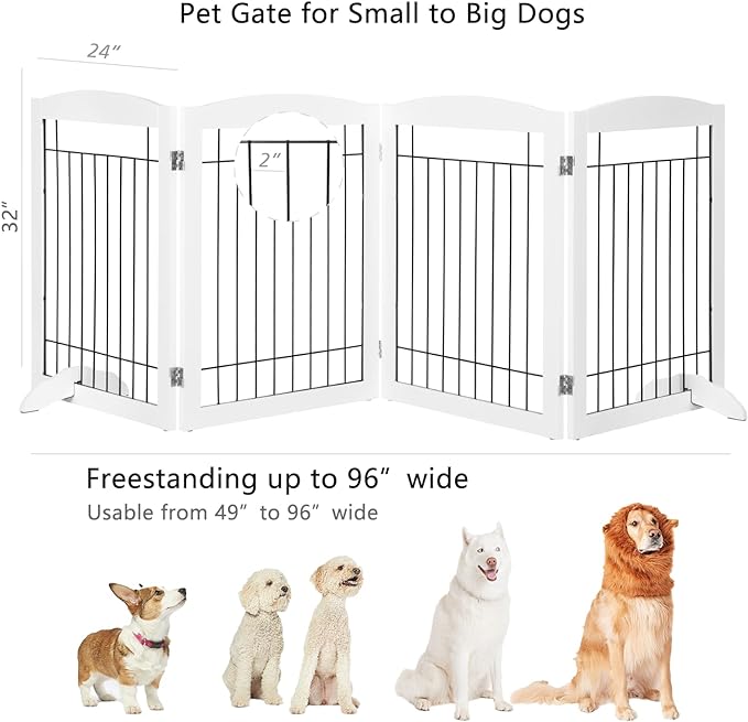 PAWLAND Extra Wide Dog gate for The House, Doorway, Stairs, Dog Fences Indoor, Freestanding Foldable Wooden Pet Gates for Dogs, Set of Support Feet Included, 96 in Wide 30 in Tall, 4 Panels White