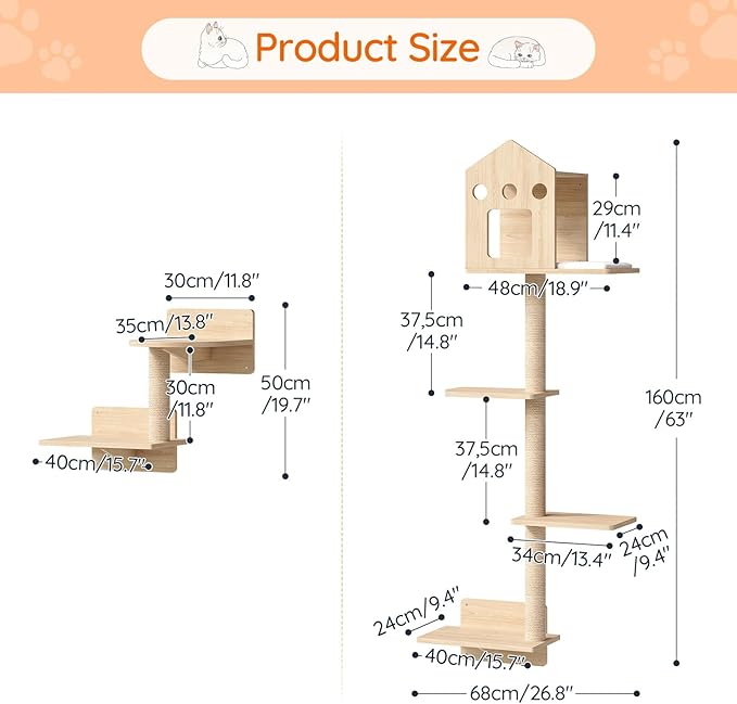HOOBRO Cat Wall Shelves, Set of 2 Cat Wall Furniture, Wood Wall Mounted Cat Shelves with House, Steps, Scratching Posts and Perch, Space-Saving Shelves for Indoor Cats, Natural NL47CS03