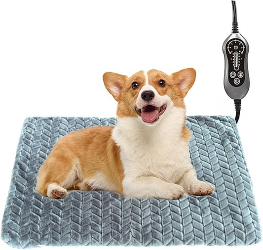 Pet Heating Pad for Dog Cat Temperature Adjustable Dog Cat Bed Warmer Pad with Timer Auto Off Heavy Duty Chew Resistant Cord Waterproof Warming Blanket Mat for Puppy Kitten (Grey, 18X28``)