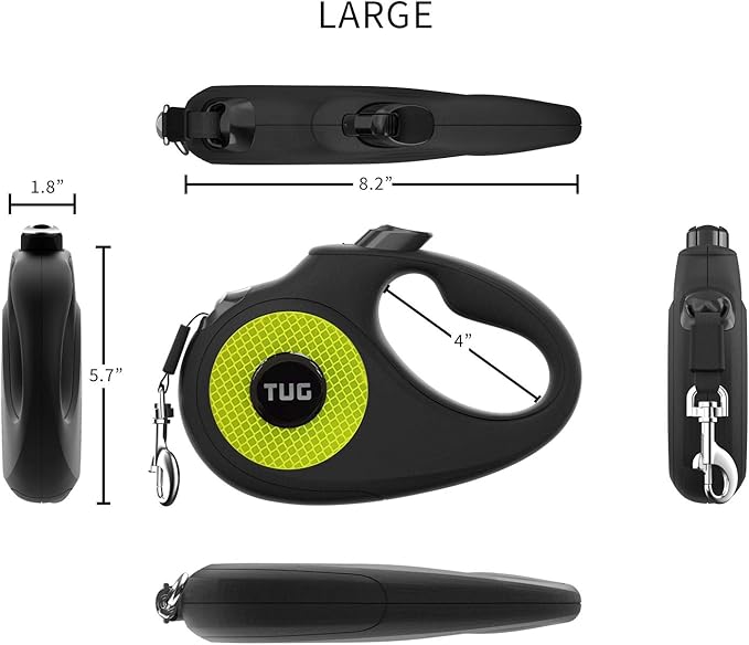 TUG 360° Tangle-Free Reflective Retractable Dog Leash | 16 ft Strong Nylon Tape (Large)