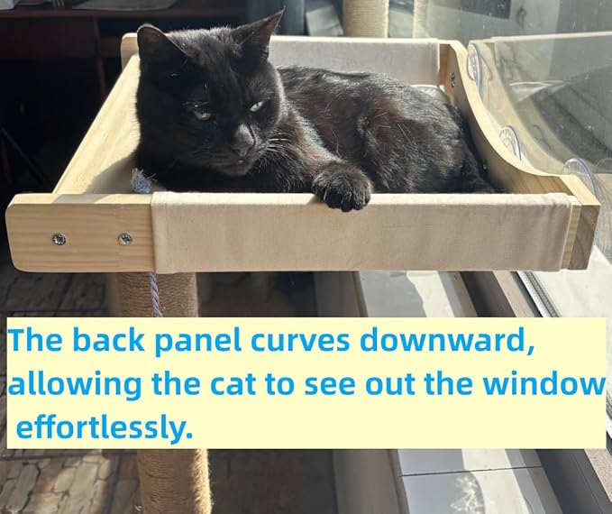 Cat Window Perch with Scratching Post Strong Supported - Large Hammock Bed for Cats Inside - Solid Wood Seat, Soft Cushion - Rustic Indoor Cat Tree Shelf for Sunbathing (Natural, Large 1)