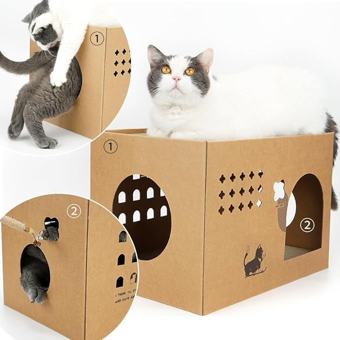 Cat Cardboard House with 2 PCS Scratching Pads，Large Cat Scratcher Bed Cat Scratchers Lounge for Indoor Cats with Corrugated Board Detachable Cat Scratcher Box for Cats.(Cactus) 1