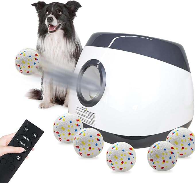 SOCO Automatic Ball Launcher for Dogs Large- 3 Distance Settings (40/60/80FT) w/Remote Control | 2.5" ETPU Tennis Balls | Indoor/Outdoor Dog Toy | 6 Balls & Quick Charge Included
