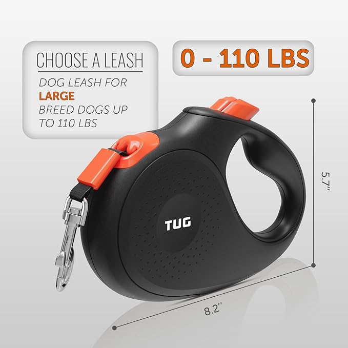 TUG 360° Tangle-Free Retractable Dog Leash | 16 ft Strong Nylon Tape (Large, Black/Orange)