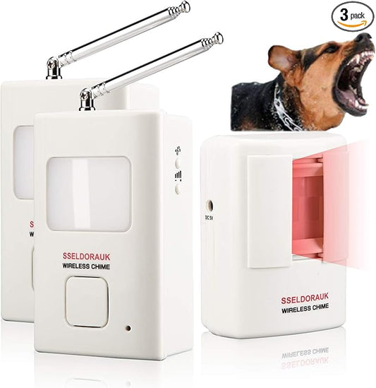 Dog Barking Alarm Motion Detector,Pir Wireless Human Body Walking Sensor Doorbell Door Security Alert System Device for Home or Office Burglar Deterrent (1Sensor + 2Receivers, White)