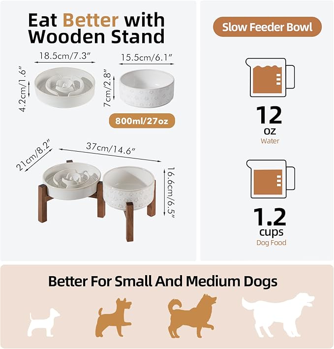 Ceramic 1.2 Cup Raised Slow Feeder Dog Bowl Set, Elevated 6.1inch Bowl and 7.3inch Dish with Acacia Wood Stand for Small and Medium Dog(2 x Reactived Glaze -White+ Stand)