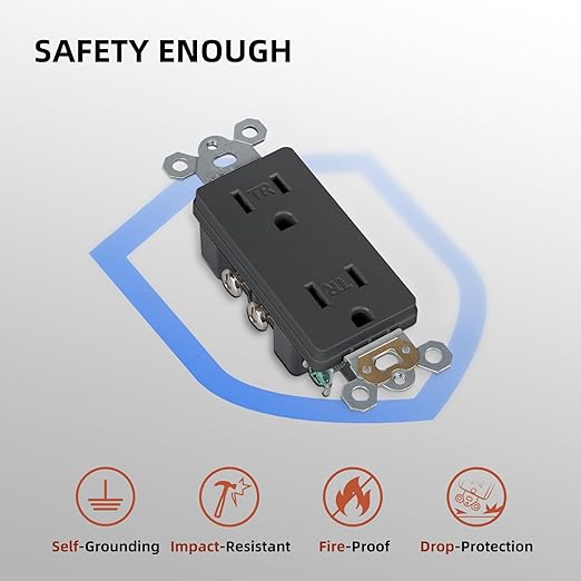 15 Amp Standard Decorator Electrical Wall Outlet, Tamper Resistant Wall Receptacle, 3 Prong Socket, Black, 10 Pack