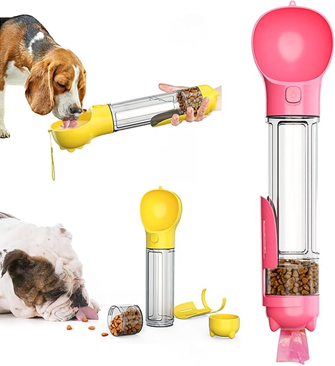 16.9oz Portable Pet Water Bottle Food Container,Travel Drink Feeder Cup Food Dispenser with Poop Shovel 17Pcs Waste Bag,for Dog Pets Walking Hiking (Pink, 16.9oz(500ml))