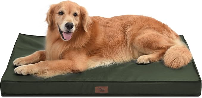 Outdoor Extra Large Dog Bed, Waterproof Dog Bed for Large Dogs, Orthopedic Egg Crate Foam Pet Bed with Washable Removable Oxford Cooling Cover, 44x32 Inch, Dark Green