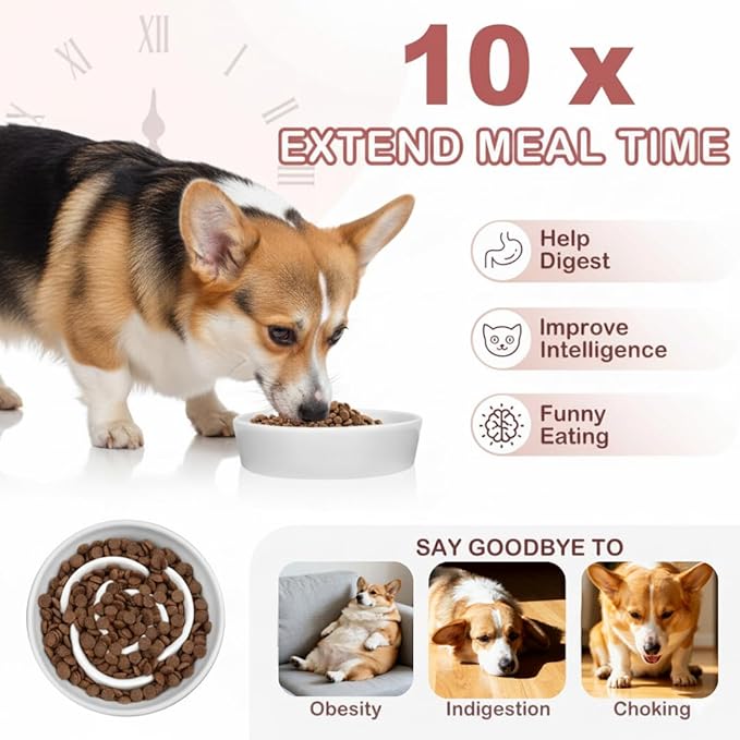 TRUVIC Ceramic Slow Feeder Dog Bowls, 1.5 Cup Puzzle Slow Feeder Bowls for Fast Eaters, Ceramic Dog Food Dish no Black Chin, Puzzle Bowl for Medium Dogs, White