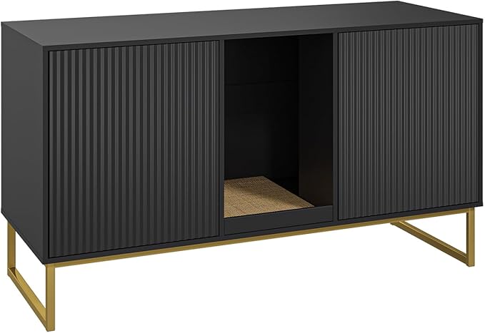 Kitty Litter Box Enclosure for 2 Cats, Small Hidden Cat Litter Box Furniture with Scratch Pad, Modern Fluted Double Litterbox Cabinet TV Stand for Kittens, Black