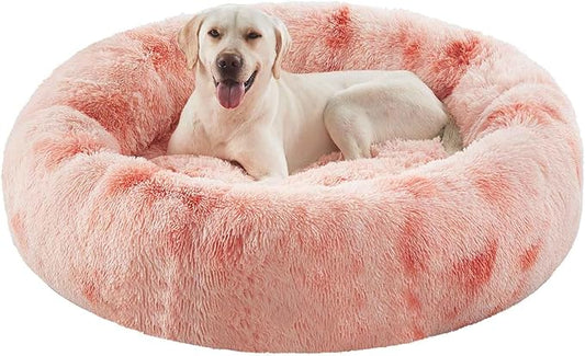 45 inches Donut Dog Bed for Extra Large Dogs,Calming Fluffy Round Jumbo Pet Bed with Removable & Washable Cover, Fits up to 120 lbs Pets (Tie-dye Pink,XL)