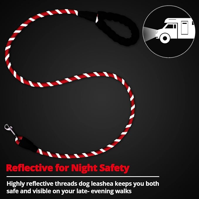 Rope Dog Leash 6 FT: Heavy Duty Leashes with Swivel Lockable Hook Reflective Threads Bungee and Padded Handle - Dog Lead for Large Small Medium Dogs Outside Walking Hiking Red