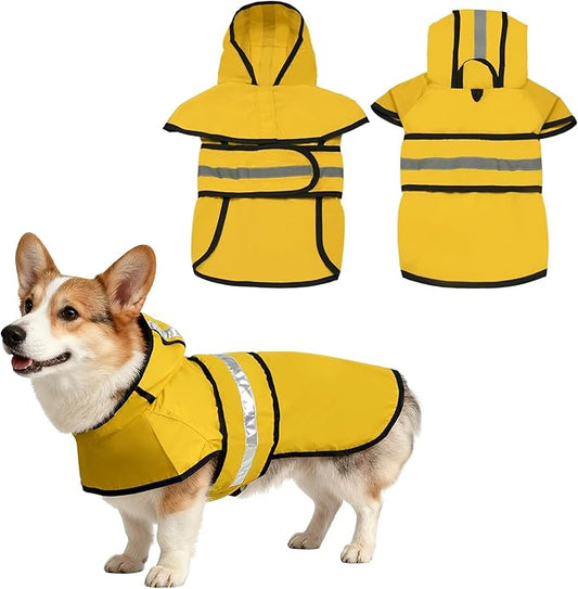 Dog Raincoat, Dog Rain Jacket Waterproof Jacket Reflective Adjustable Hooded Pet Rain Coat with Leash Hole, (Yellow, L), Intended for Large Medium Small Puppies