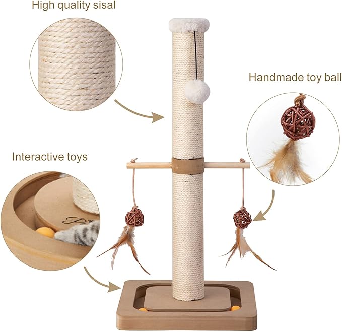 PEEKAB Cat Scratching Post Premium Sisal Scratch Posts with Tracking Interactive Toys Vertical Scratcher for Indoor Cats and Kittens- 25 inches Beige