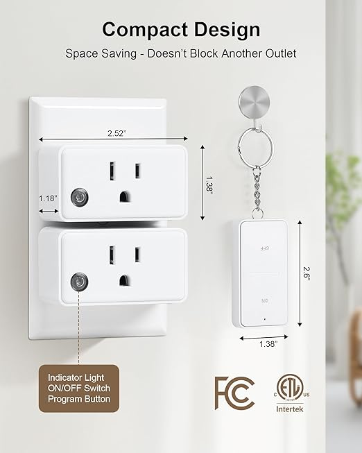 Remote Control Outlet, 200FT Long Range Wireless Light Switch, Mini Electrical Outlet Plug, 15A/1875W High-Power for Lamps, Christmas Lights, Household Appliances, FCC & ETL Listed