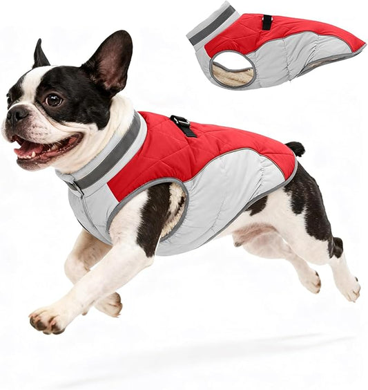 Dog Coat for Small Dogs, Adjustable Dog Jackets for Cold Weather, Reflective Winter Coat with Built-in Harness, Snowsuit Fits Dogs 5-8 lbs and Up, Size XS Red