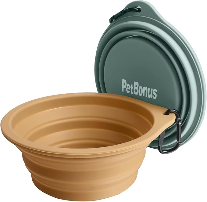 PetBonus 2-Pack Large Silicone Collapsible Dog Bowls, 34oz/1000ml BPA Free Portable Foldable Travel Bowl for Pet Cat, Food Water Feeding Dish for Camping with 2 Carabiners (Turquoise, Tan)