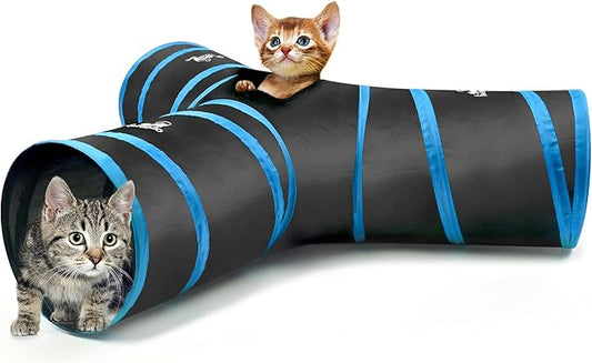 Pawaboo Cat Tunnel Tube - 3-Way Tunnels 25x53cm Extensible Collapsible Play Tent Interactive Toy Maze House Bed With Balls and Bells for Kitten Kitty Rabbit Small Animal, Blue
