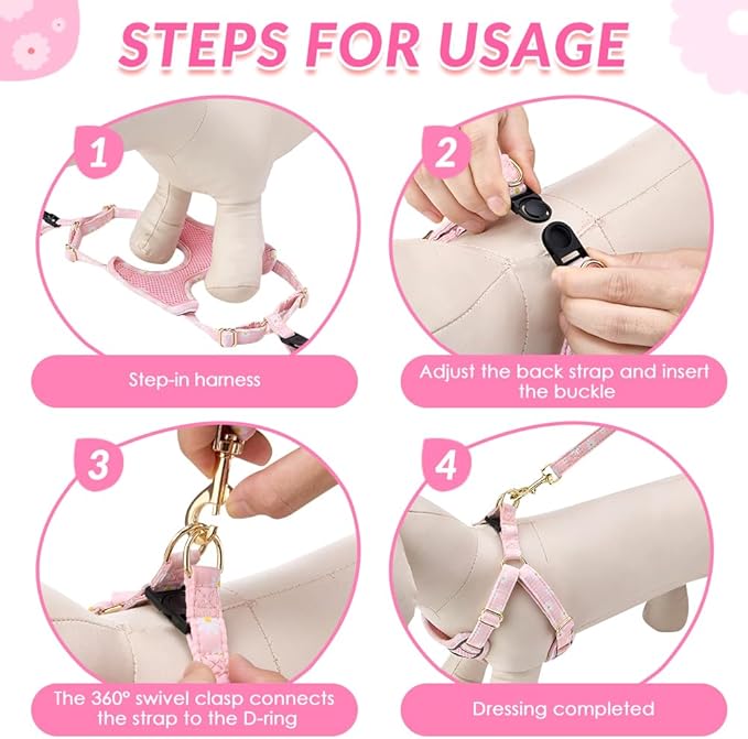 Lukovee No Pull Puppy Harness and Leash Set - Soft Lightweight Escape Proof Puppy Vest Harness, Breathable Adjustable Pet Harness with Dog Leash for Small Dogs (Pink, XS)