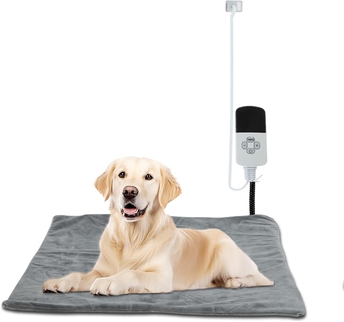 Pet Heating Pad, 9 Temperature Adjustable Electric Pet Mat with Timer, Indoor Waterproof Heated Dog Bed with Chew Proof Cord, Grey, 18x18in