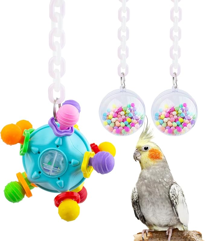 FlidRunest Bird Toys, Parrot Pull Ball Colorful Silicone Rattle Toys, Acrylic Bird Chew Ball Hanging Cage Toy for Amazon Parrot, African Grey, Conure, Parakeet and Similar Birds