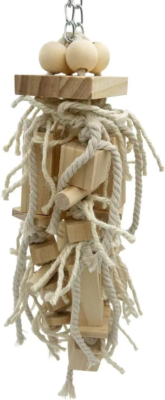 Bird Block Knots Tearing Toy- 17 inch Dye-Free Natural Wooden Parrot Chewing Toy for Medium and Large Parrots, Conures, Cockatiels, African Greys, Cockatoos, Quakers and AmazonParrots