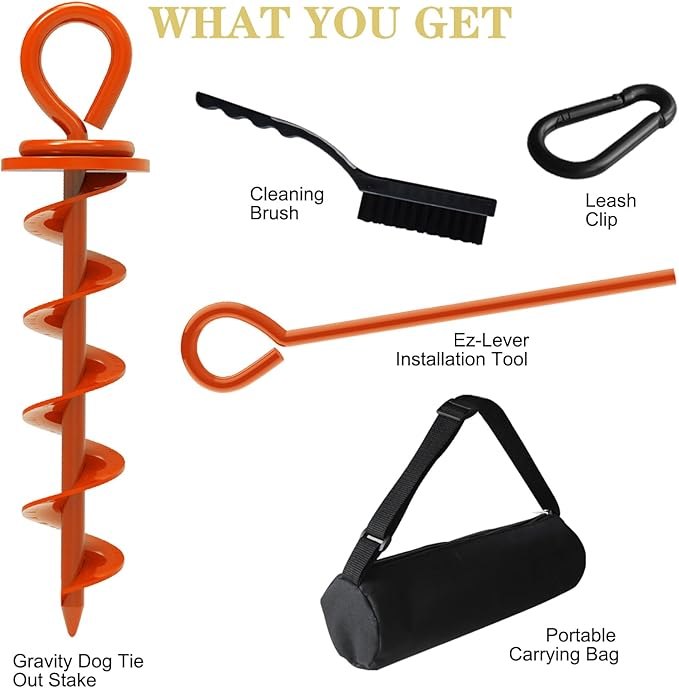 Eurmax USA Heavy Duty Dog Tie Out Stake for Large Dogs up to 210 lbs,Dog Stakes for Outside,Ground Anchor for Dog Leash,Runner Cable, and Pet Gadget Dog Accessories Trampoline Stakes 1-Pack (Orange)