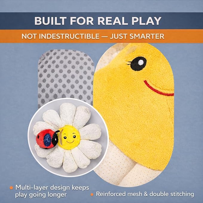 Flourish Pets 3 in 1 Multi-Layer Chew Toy for Active Dogs | Non-Toxic BPA Free Double Stitched Soft Fabric Exterior Dog Toys | Long-Lasting Dog Plush Toys - Large White Daisy 17"