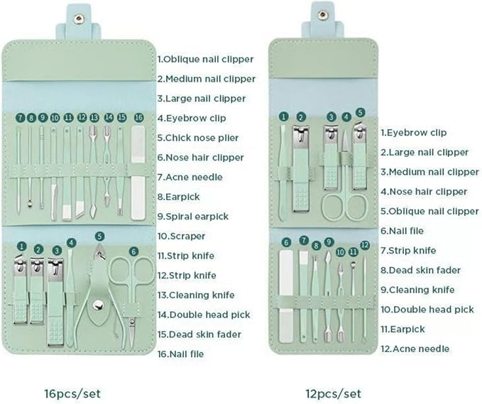 Portable Nail Clipper Set (12/16pcs), Folding Leather Nail Clipper Set, Easy Storage Manicure Kit with Clippers, Cuticle Trimmer & Care Tools, Compact Manicure Kit (Green 16PCS)