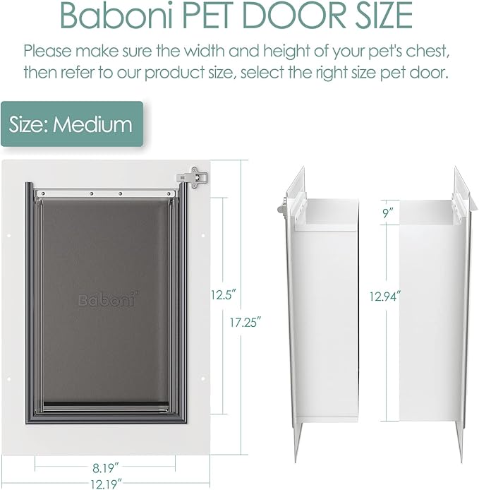 Baboni Pet Door for Wall, Steel Frame and Telescoping Tunnel, Aluminum Lock, Double Flap Dog Door and Cat Door, Strong and Durable (Pets Up to 40 Lb) -Medium