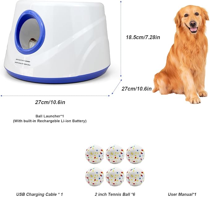 Automatic Dog Ball Launcher with 6 ETPU Balls, Adjustable Distance 20-45ft, USB Rechargeable, Interactive Pet Toy (Blue)