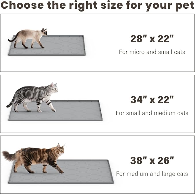 Cat Mat for Litter Box, 38" X 26" Large Silicone Cat Litter Trapping Mat, Easy Clean for Scatter Control, Soft on Kitty Paws, Waterproof, Urine-Proof, Non-Slip Kitty Litter Mat for Floor, Gray
