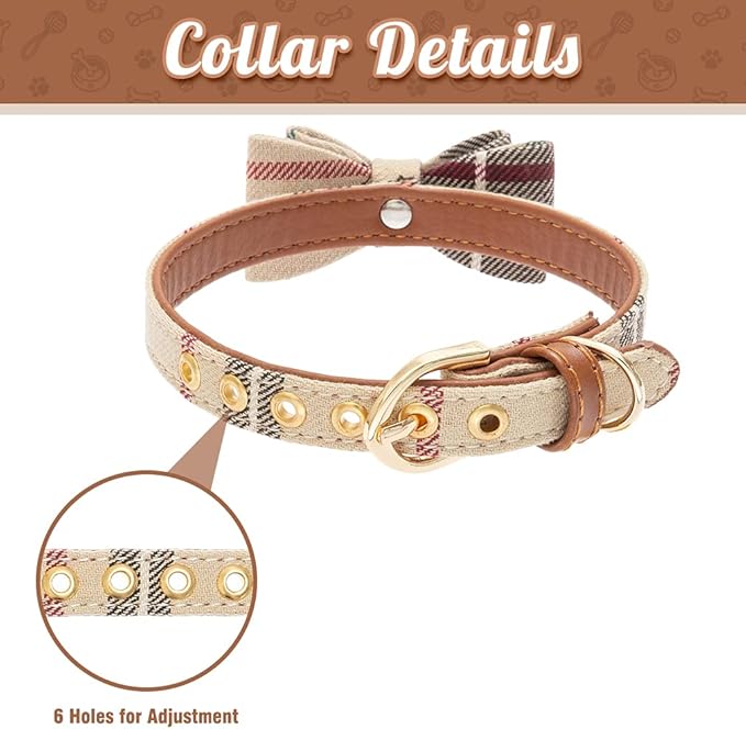 BINGPET Bow Tie Dog Collar with Leash Set - Cute Adjustable Classic Plaid Dog Bandana Collar with Bell, Fit for Medium Dogs, Puppies and Cats Outdoor Walking