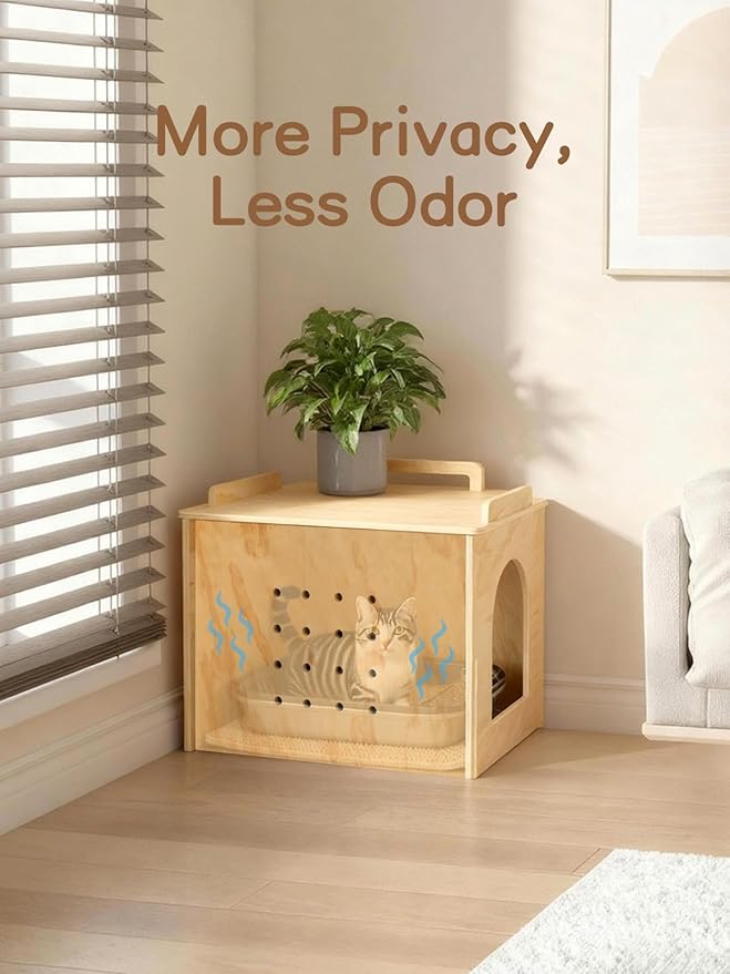 Wooden Cat Litter Box Enclosure, Hidden Litter Box Furniture with Litter Mat, Multi-Functional Cat House, for Living Room Bedroom Indoor, 23.2 x 17.7 x 19.3 inches, Natural