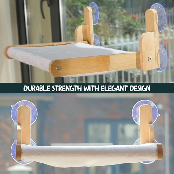 Foldable Cat Window Perch with Plush Furry Cover, Cat Hammock with Wooden Frame - Sturdy Suction Cups, No Drilling Required, Perfect for Indoor Cats & Kitchens, Easy to Clean