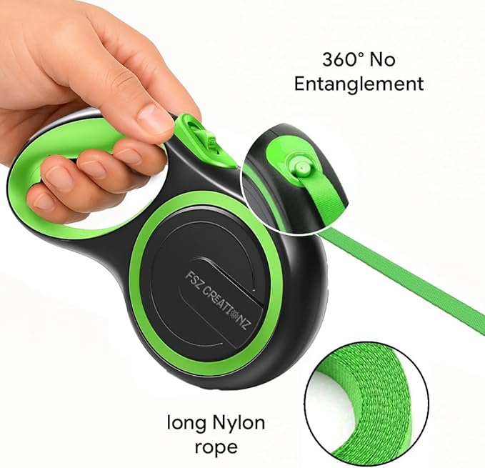 Retractable Dog Leash – 5M Strong Non Chew Nylon Lead with 360° Swivel Hook, One-Touch Lock, Ergonomic Anti-Slip Handle – Green on Black Neon Pet Leash