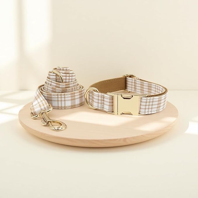 PETDURO Personalized Dog Collar Brown Plaid for Large Medium Dogs | Engraved Name and Phone Number on Gold Metal Buckle for Boys & Girls | Add Leash & Bow Tie via Customize Now