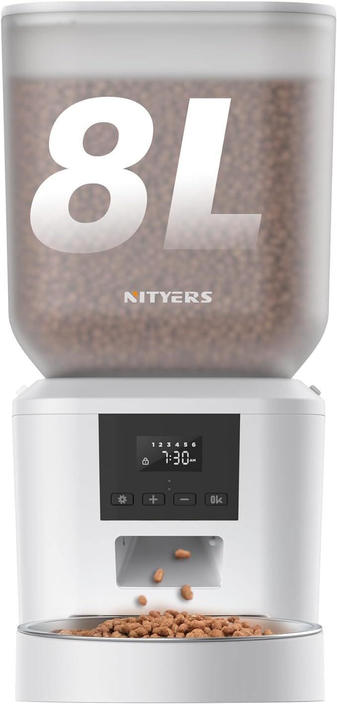 Automatic Dog Feeder - 8L/34 Cups Large Capacity Automatic Cat Food Dispenser with LCD Screen, Large Food Tray, Battery Operated, Timed Cat Feeder, Up to 50 Portions 6 Meals Per Day, Keeps Fresh