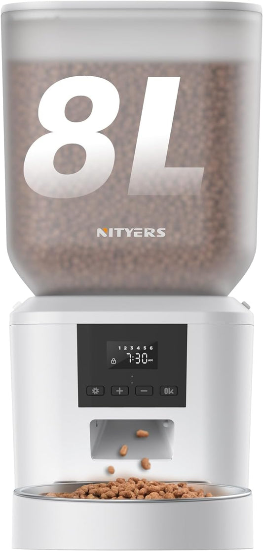 Automatic Dog Feeder - 8L/34 Cups Large Capacity Automatic Cat Food Dispenser with LCD Screen, Large Food Tray, Battery Operated, Timed Cat Feeder, Up to 50 Portions 6 Meals Per Day, Keeps Fresh