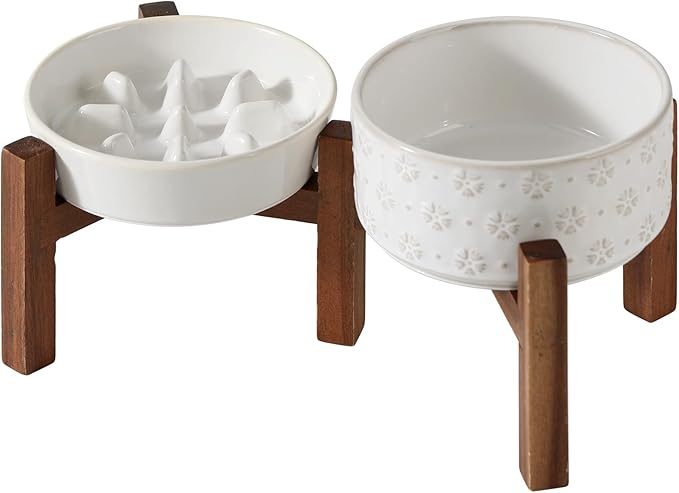 Ceramic 0.9 Cup Raised Slow Feeder Dog Food and Water Bowl Set, Elevated 6.1inch Bowl and 6.1inch Dish with Acacia Wood Stand for Small Dogs (2 x Reactived Glaze -White+ Stand)