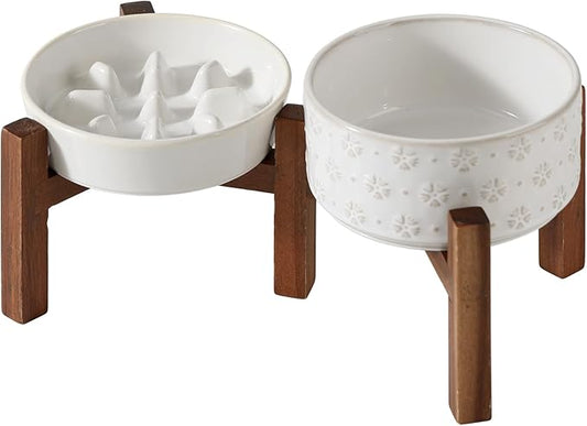 Ceramic 0.9 Cup Raised Slow Feeder Dog Food and Water Bowl Set, Elevated 6.1inch Bowl and 6.1inch Dish with Acacia Wood Stand for Small Dogs (2 x Reactived Glaze -White+ Stand)