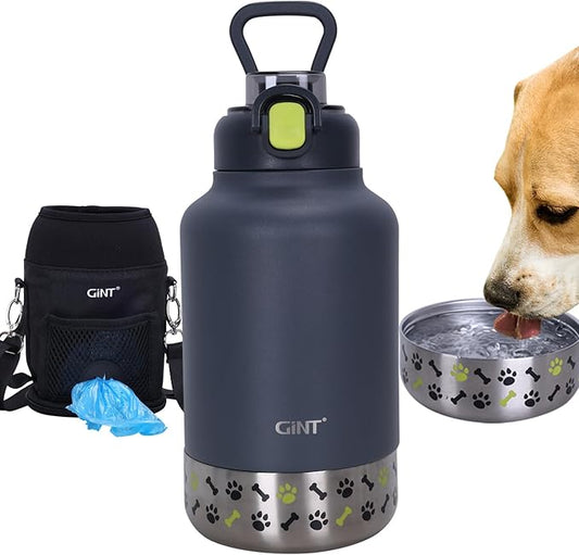 GiNT 37oz Insulated Stainless Steel Dog & Human Water Bottle | Leakproof Travel Dispenser with Detachable 10oz Bowl, 24H Cold/12H Hot, Carrying Case for Walking, Hiking, Camping & Outdoor Travel