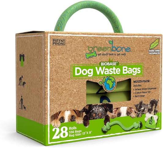 Greenbone BioBase Green Dog Poop Bag Refills: 28 Rolls - 336 Bags with Dispenser and Rope Toy Handle- Dog Gift Set