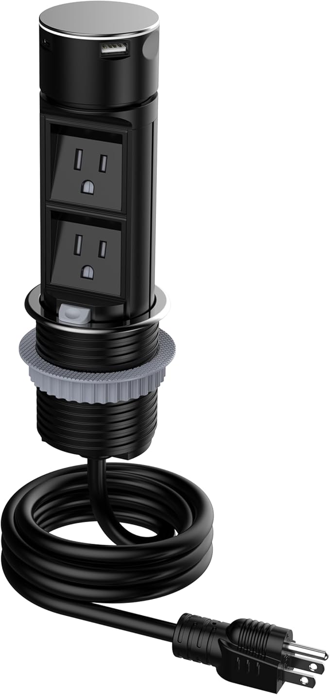 Link2Home Pop Up Outlet with 2 AC Power Outlets, 2 USB A/C Ports, 2.4A Fast Charge, Splash Resistant, Stainless Steel Retractable Socket for Kitchen Counter or Desk