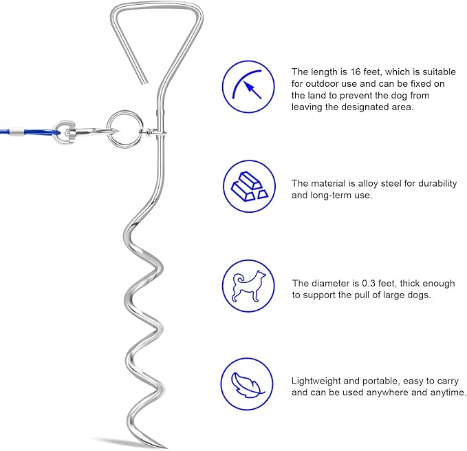Relux 30FT Outdoor Dog Leash for Yard Training, Running, Hiking, Camping, with Heavy Duty Dog Anchor Spiral Stake for Small to Medium Dogs (Blue)