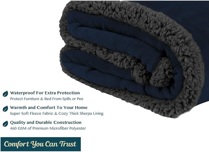 PAVILIA Waterproof Blanket Throw Navy Grey Queen,Waterproof Pet Blanket for Dog Couch Protection,Leak Proof Sherpa Fleece Blanket for Bed Sofa,Liquid Resistant Large Plush Throw,90x90 Inches