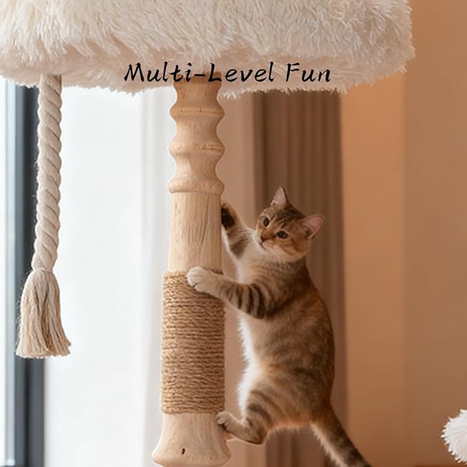 Modern Cat Tree Tower for Indoor Cats, Natural Solid Wooden Branch with Sisal Scratching Post, Log Style Rome Cat Furniture with Perches Platform & Toy Ball